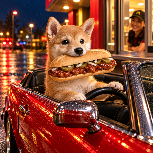 McRib Inu driving through the night with a sandwich