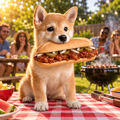 McRib Inu at a sunny picnic with the pack