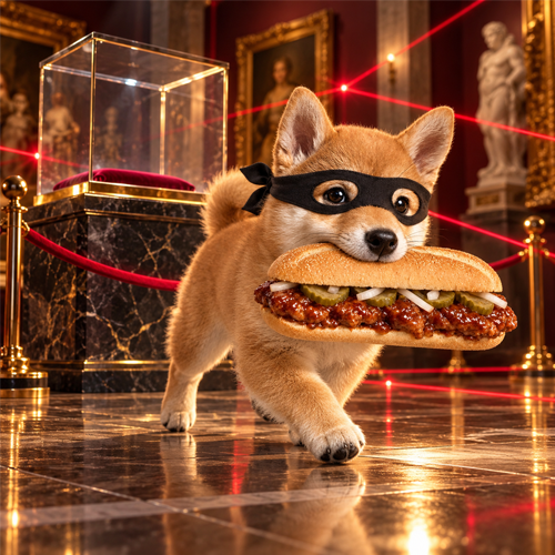McRib Inu on a saucy sandwich heist